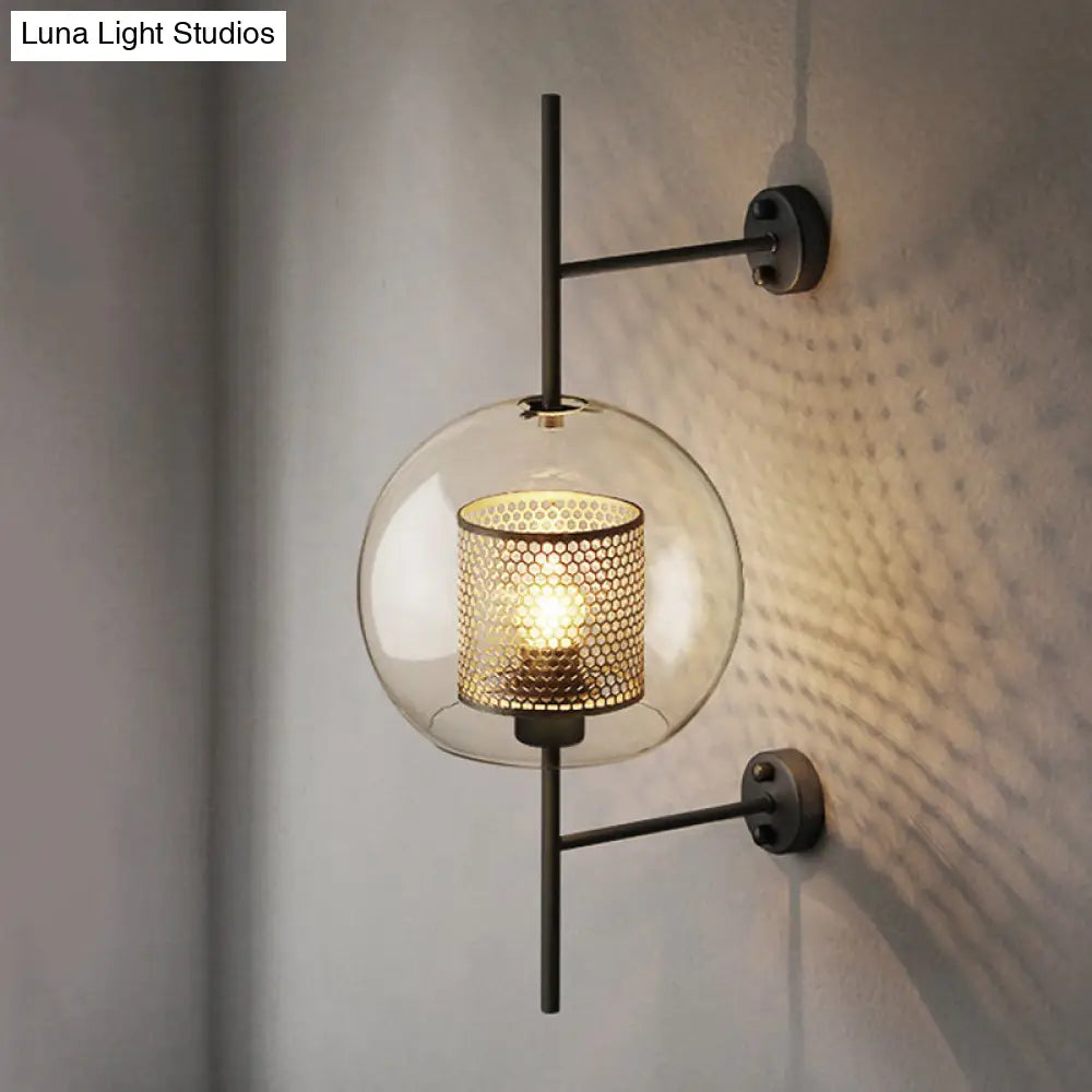 Smoke Gray Glass Colonial Sphere Wall Sconce - Black Finish Cylinder Wire Mesh Inside 8/10 Wide
