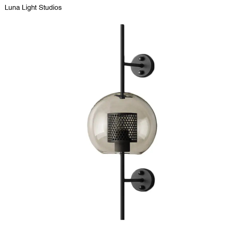 Smoke Gray Glass Colonial Sphere Wall Sconce - Black Finish Cylinder Wire Mesh Inside 8/10 Wide