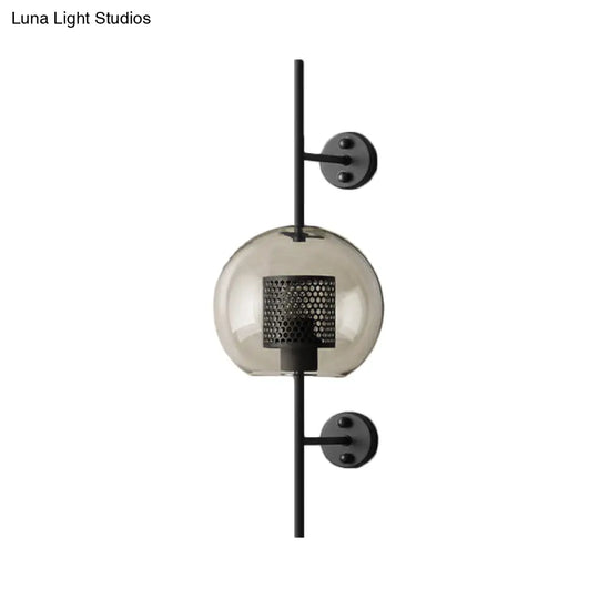 Smoke Gray Glass Colonial Sphere Wall Sconce - Black Finish Cylinder Wire Mesh Inside 8/10 Wide