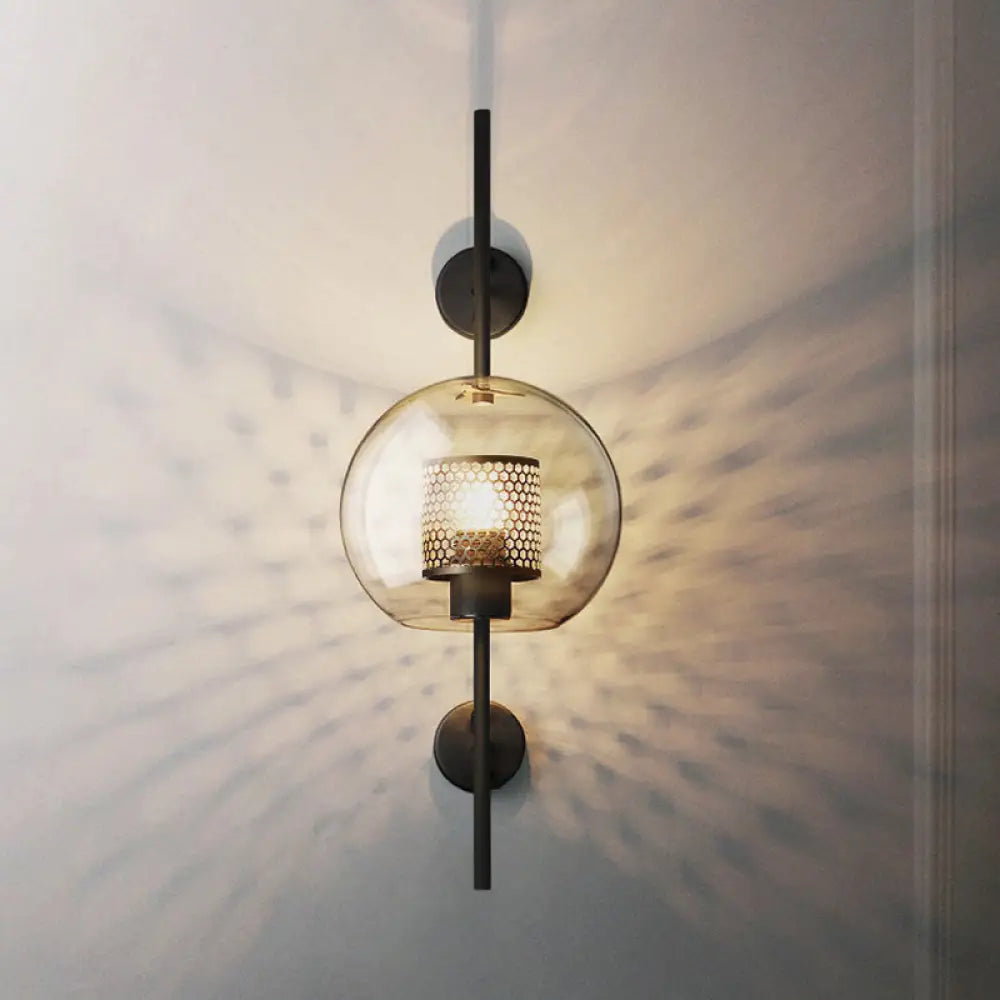 Smoke Gray Glass Colonial Sphere Wall Sconce - Black Finish Cylinder Wire Mesh Inside 8/10 Wide / 10