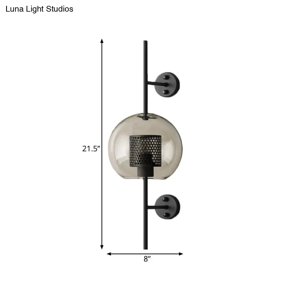 Smoke Gray Glass Colonial Sphere Wall Sconce - Black Finish Cylinder Wire Mesh Inside 8/10 Wide