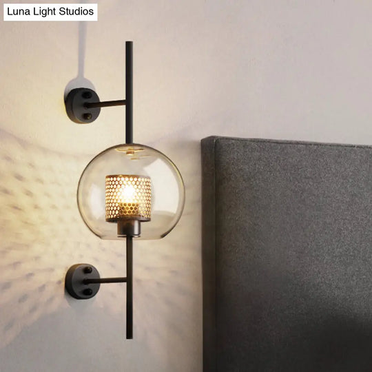 Smoke Gray Glass Colonial Sphere Wall Sconce - Black Finish Cylinder Wire Mesh Inside 8/10 Wide
