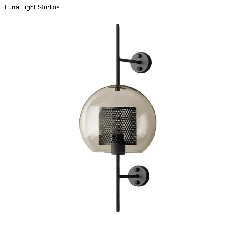 Smoke Gray Glass Colonial Sphere Wall Sconce - Black Finish Cylinder Wire Mesh Inside 8/10 Wide