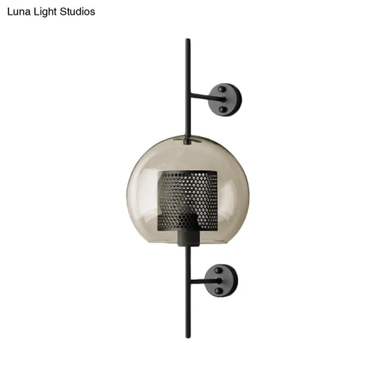 Smoke Gray Glass Colonial Sphere Wall Sconce - Black Finish Cylinder Wire Mesh Inside 8/10 Wide