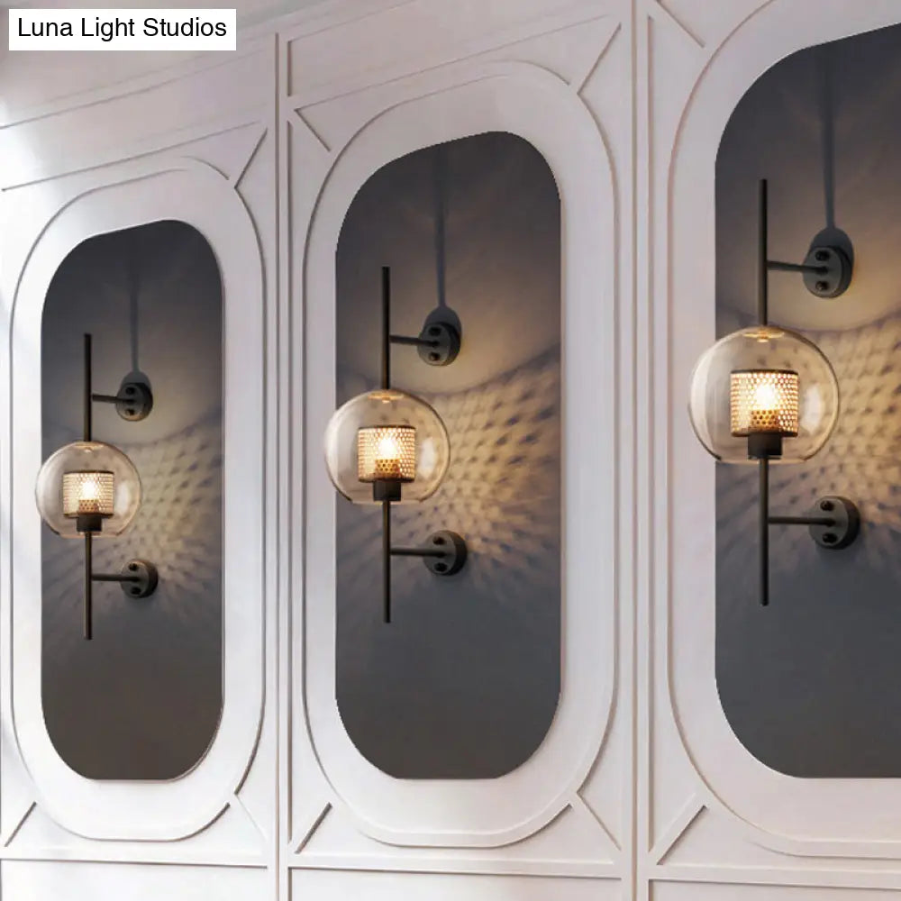 Smoke Gray Glass Colonial Sphere Wall Sconce - Black Finish Cylinder Wire Mesh Inside 8/10 Wide