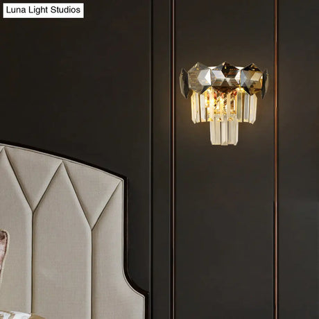 Smoke Gray Vintage Faceted Wall Sconce With Modernist Design - 2 Bulbs Light Fixture For Restaurants
