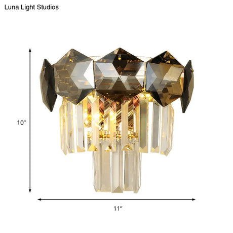Smoke Gray Vintage Faceted Wall Sconce With Modernist Design - 2 Bulbs Light Fixture For Restaurants