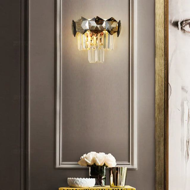Smoke Gray Vintage Faceted Wall Sconce With Modernist Design - 2 Bulbs Light Fixture For Restaurants