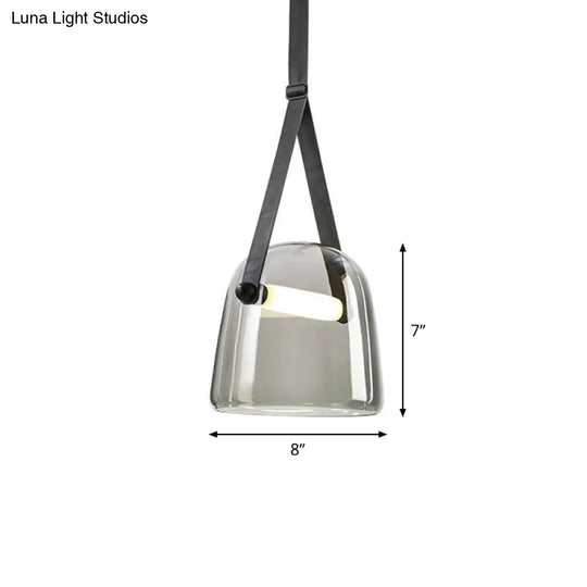 Smoke Grey Glass Pendulum Light - Nordic Single-Bulb Pendant With Adjustable Leather Strap
