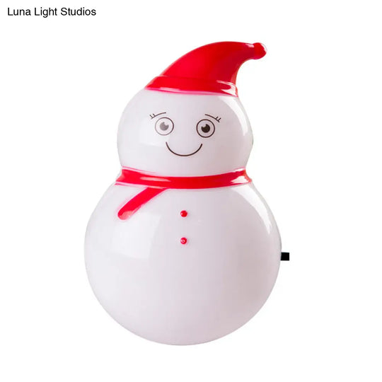 Snowman Led Night Light For Kids Room - Red/White Plastic Plug-In Wall Lamp