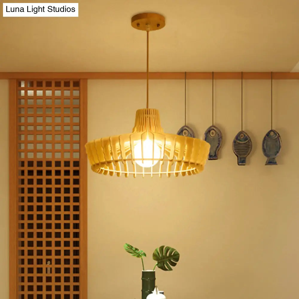 South-East Asia Wood Hat Hanging Lamp Ceiling Pendant Light With 1 Bulb Beige For Restaurants