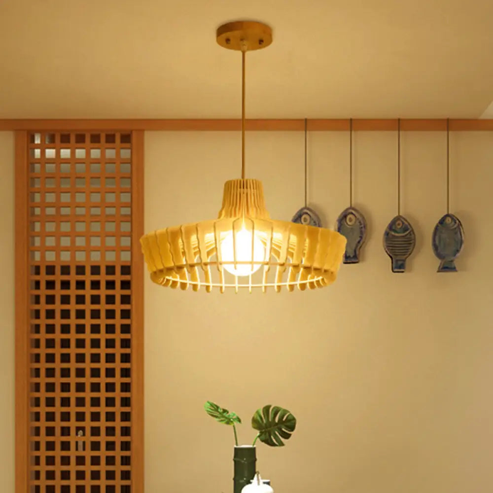 South-East Asia Wood Hat Hanging Lamp Ceiling Pendant Light With 1 Bulb Beige For Restaurants