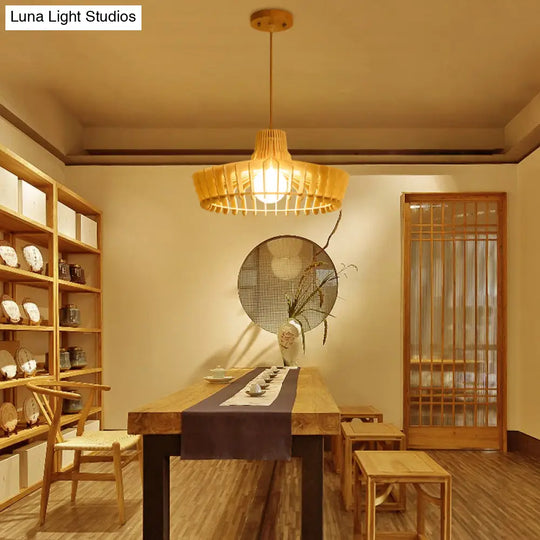 South-East Asia Wood Hat Hanging Lamp Ceiling Pendant Light With 1 Bulb Beige For Restaurants