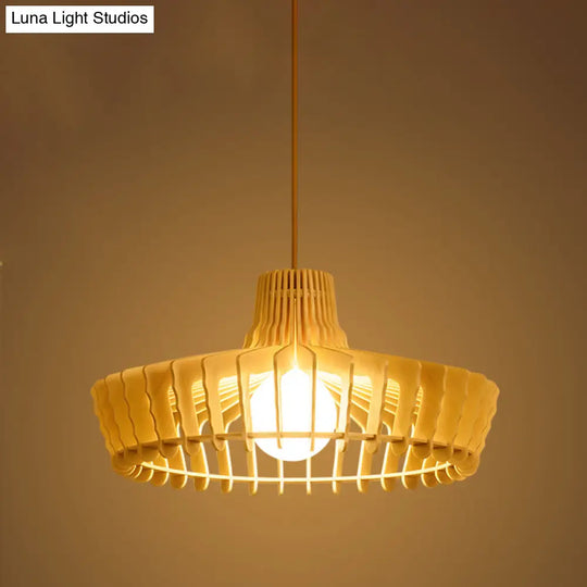 South-East Asia Wood Hat Hanging Lamp Ceiling Pendant Light With 1 Bulb Beige For Restaurants