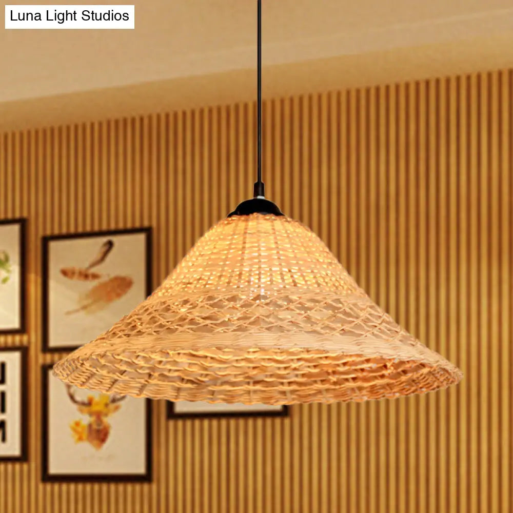 South East Asian Bamboo Pendant Lamp With Wide Flare And Brown Suspension - Includes 1 Bulb