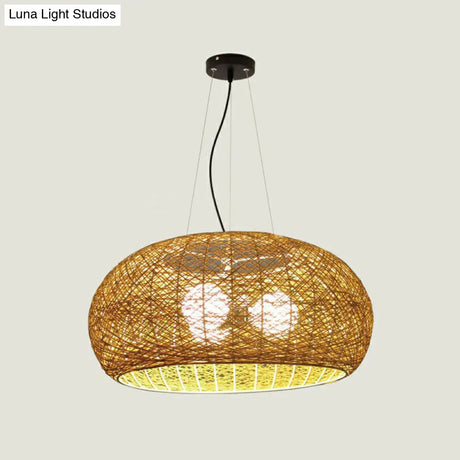 South-East Asian Rattan Curved Drum Ceiling Chandelier With 3 Heads - Lighting Fixture
