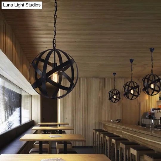 Industrial Black Metallic Pendant Lamp With Wire Guard 1 Light Spherical Hanging Ceiling For Living