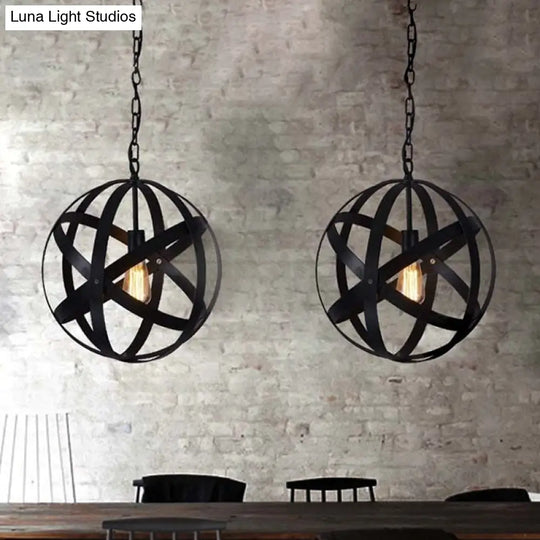 Spherical Industrial Black Metallic Pendant Lamp With Wire Guard - 1 Light Hanging Ceiling For
