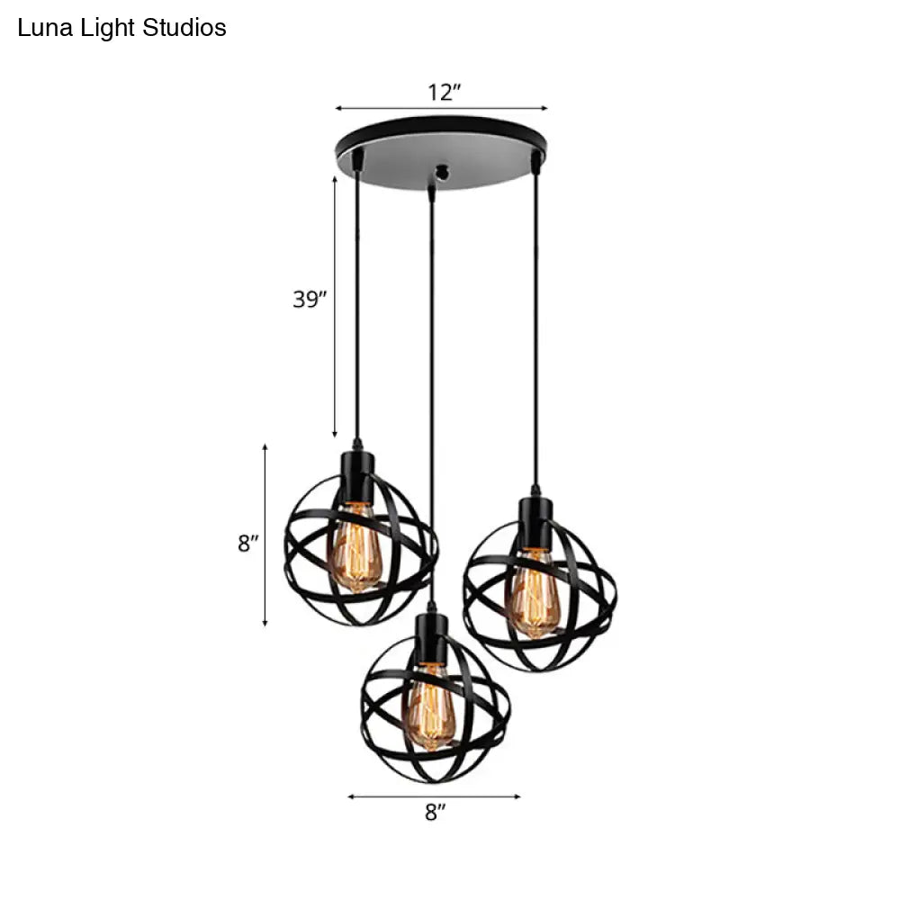 Spherical Pendant Light Fixture: Industrial Black Metal With Wire Guard - Perfect For Dining Room