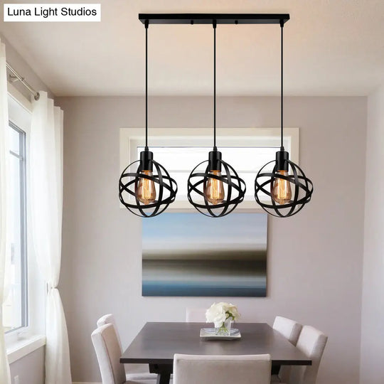 Spherical Pendant Light Fixture - Industrial Black Metal Hanging With Wire Guard Ideal For Dining
