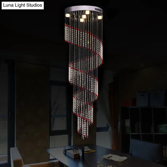 Modern Spiral Cascades Hanging Lamp - 5 Bulbs Silver Clear And Red Crystal Led Multi Light Pendant