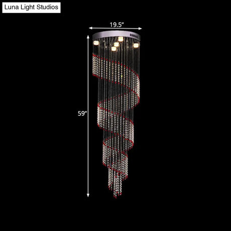 Spiral Cascade Hanging Lamp - Modern Silver With Clear And Red Crystal Led Pendant Set Of 5 Bulbs