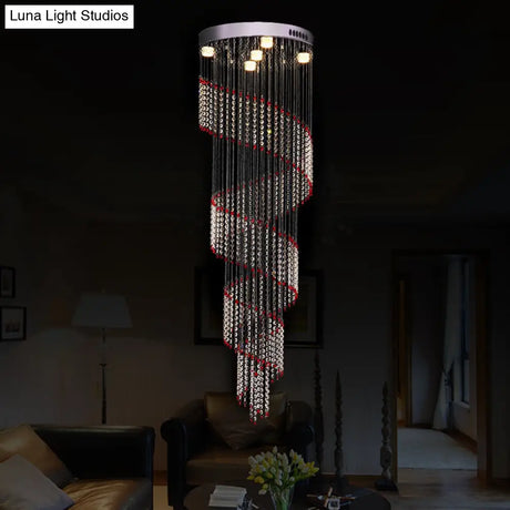 Spiral Cascade Hanging Lamp - Modern Silver With Clear And Red Crystal Led Pendant Set Of 5 Bulbs