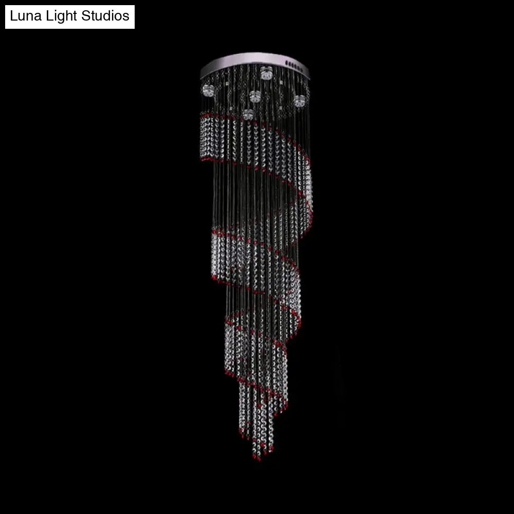 Modern Spiral Cascades Hanging Lamp - 5 Bulbs Silver Clear And Red Crystal Led Multi Light Pendant