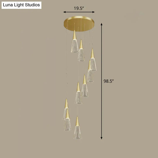 Spiral Conical Pendant Light For Modern Stairwells - Multi-Light Acrylic Hanging Fixture 9 / Gold