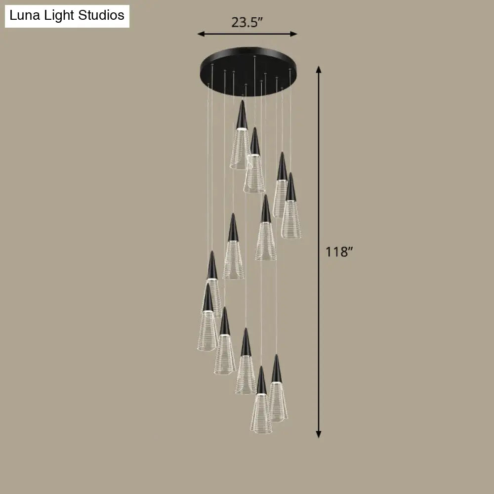 Spiral Conical Pendant Light For Modern Stairwells - Multi-Light Acrylic Hanging Fixture 12 / Black