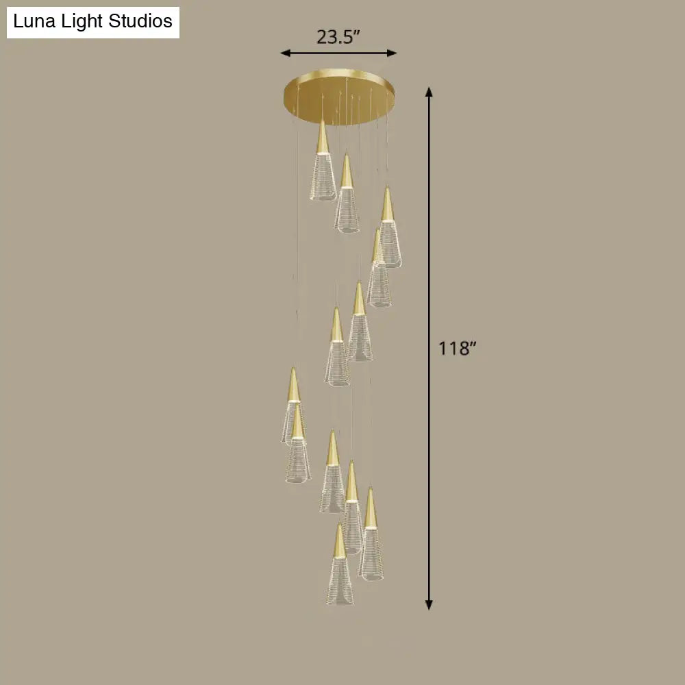 Spiral Conical Pendant Light For Modern Stairwells - Multi-Light Acrylic Hanging Fixture 12 / Gold
