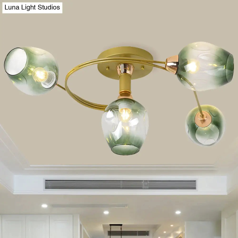 Spiral Semi Flush Mount Light - Modern Iron 4 - Head Gold Ceiling Lamp With Green Dimpled Glass