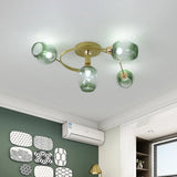 Spiral Semi Flush Mount Light - Modern Iron 4 - Head Gold Ceiling Lamp With Green Dimpled Glass