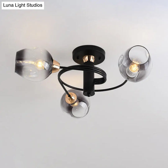 Spiraling Semi Flush Light With Dimpled Glass Shade For Postmodern Ceiling In Bedroom 3 / Black