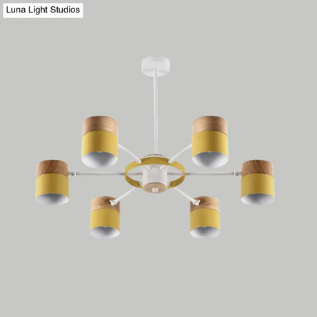 Splicing Cylinder Rotatable Chandelier: Macaron Iron 6-Head Ceiling Hanging Light In