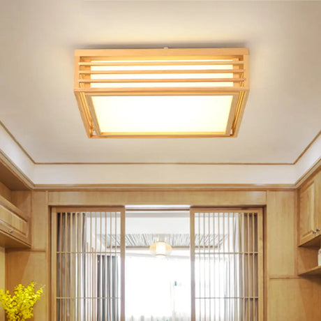 Square Acrylic Flush Ceiling Light - Asian Beige Led Fixture In Warm/White With Wood Frame