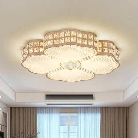 Square Champagne Flush Light With Peach Blossom Design - Contemporary Led Ceiling Lamp In 3 Sizes /