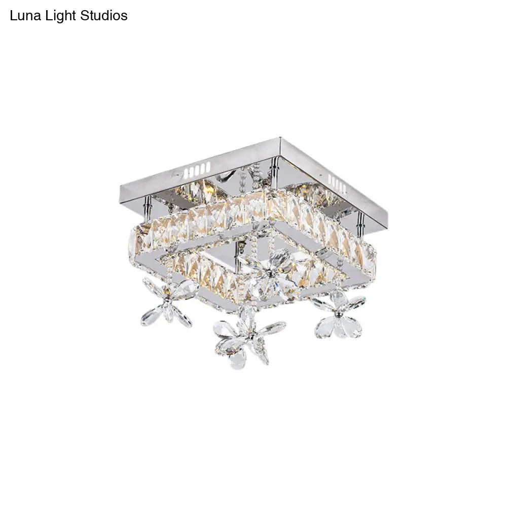 Square Crystal Led Semi Flush Mount Ceiling Fixture Beveled Design Chrome Finish - 8/12 Wide