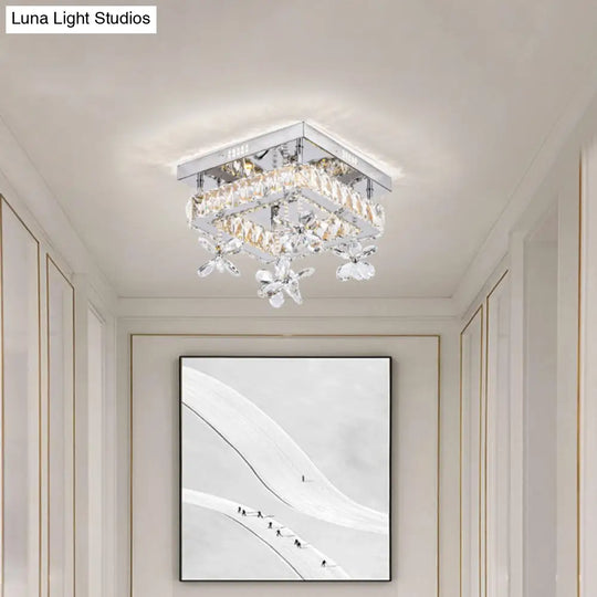 Square Crystal Led Semi Flush Mount Ceiling Fixture Beveled Design Chrome Finish - 8/12 Wide