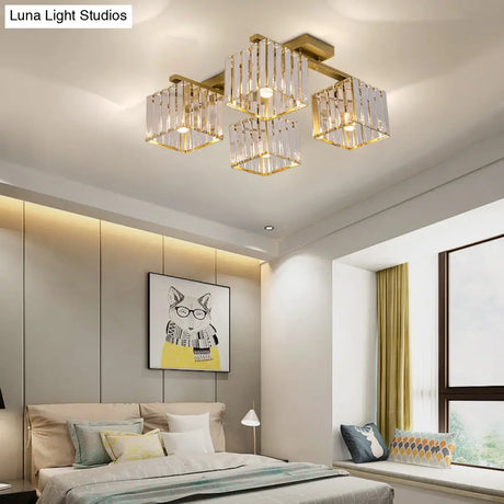 Square Crystal Rod Ceiling Light Fixture - Modern Semi Flush Mount With Tri - Sided Design (4/6/9