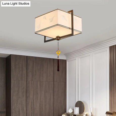 Square Flush Ceiling Light With 5 Fabric Lights – Traditional White Fixture For Bedroom