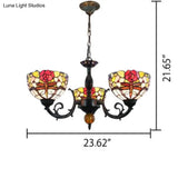 Stained Glass 3-Light Ceiling Pendant Chandelier - Retro Bowl Design With Dragonfly And Flower