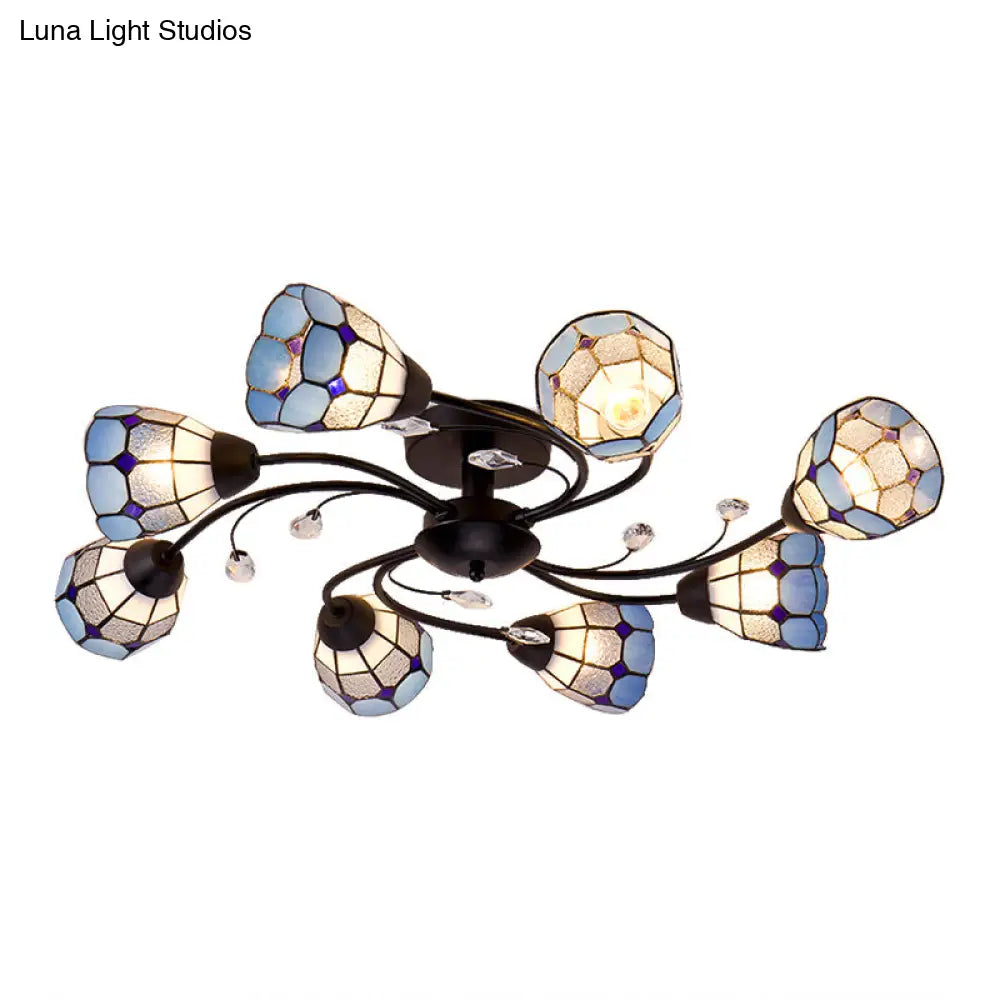 Stained Glass Bell Semi Flushmount With Crystal Decoration And Leaf/Blue Square/Sky Blue