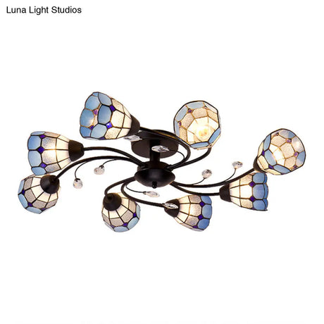 Stained Glass Bell Semi Flushmount With Crystal Decoration And Leaf/Blue Square/Sky Blue