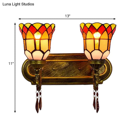 Stained Glass Bell Wall Sconce With Crystal Accents - Rustic Lodge Style In Brass (2 Lights)