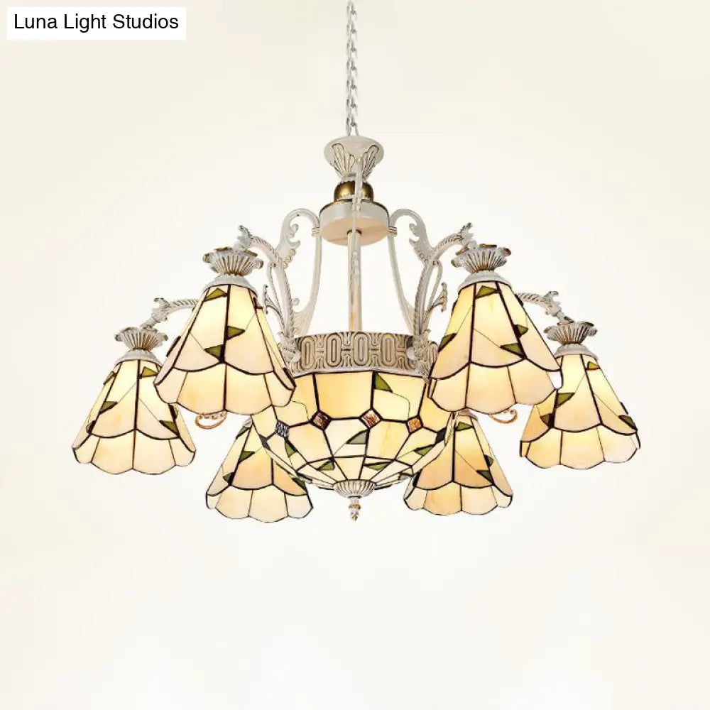 Stained Glass Chandelier Light Fixture - Mediterranean Style With 3/5/11 Lights White/Antique Brass
