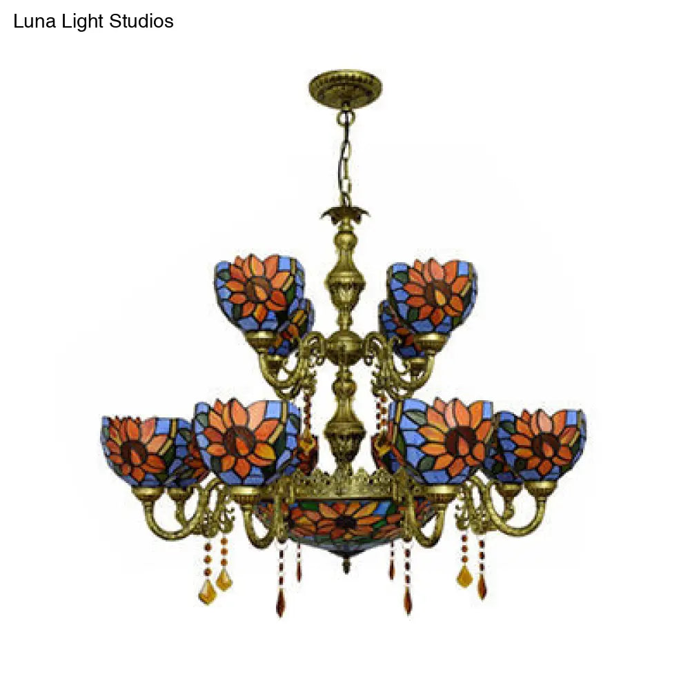 Stained Glass Hanging Chandelier - 15 Heads Orange Blue Perfect For Living Room