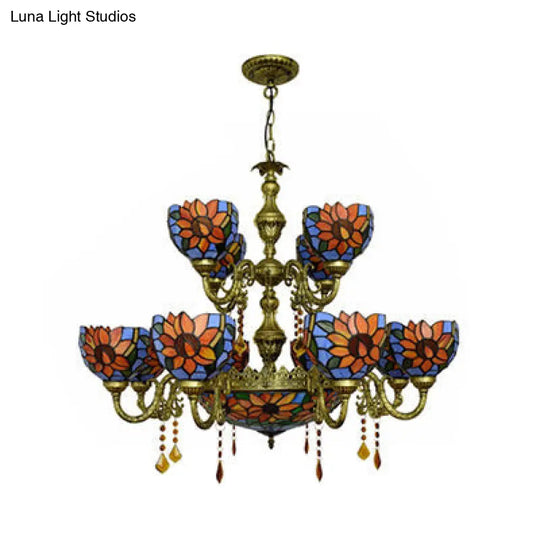 Stained Glass Hanging Chandelier - 15 Heads Orange Blue Perfect For Living Room
