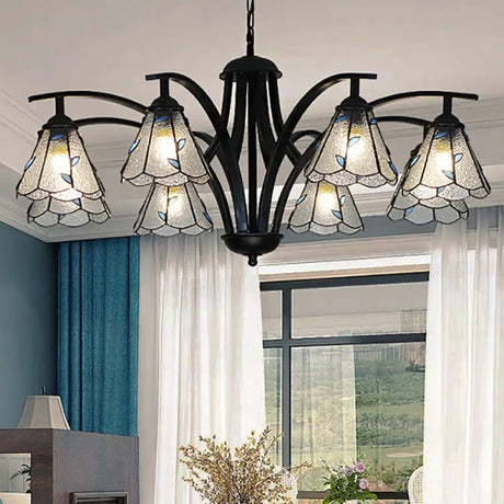 Stained Glass Cone Chandelier With Leaf Pattern - Traditional Ceiling Pendant Light In Blue/Green