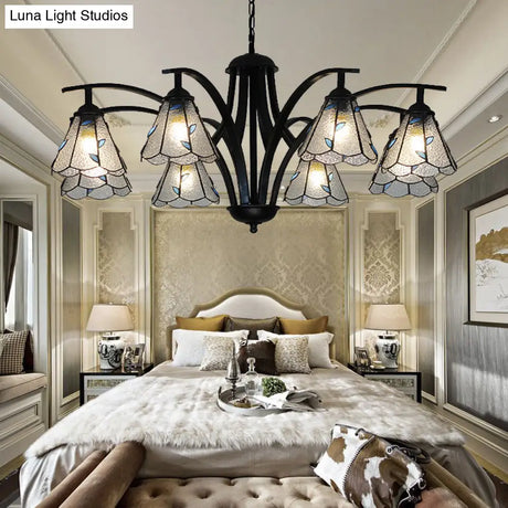 Stained Glass Cone Chandelier With Leaf Pattern - Traditional Ceiling Pendant Light In Blue/Green